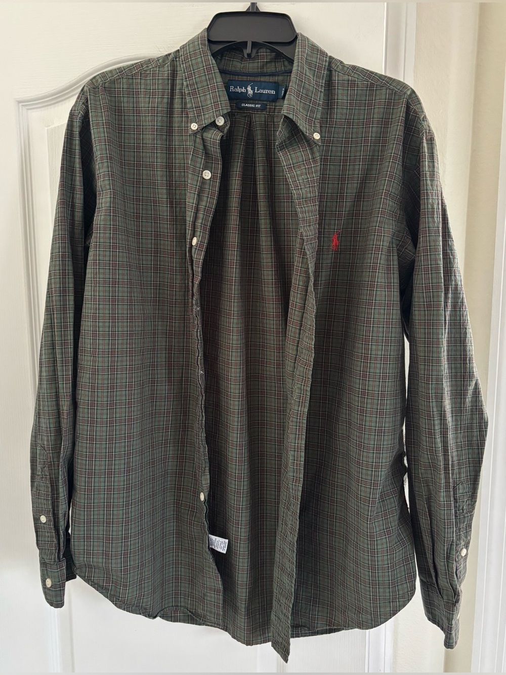 Men’s Ralph Lauren Olive & Red Plaid Button-Down Shirt. Size Large